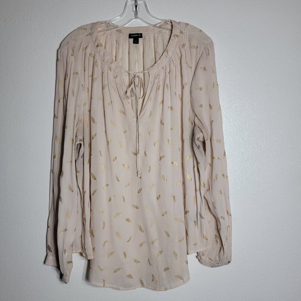 Torrid Feather Print Peasant Top Plus Size 1X Long‎ Sleeve Pullover Tie Neck